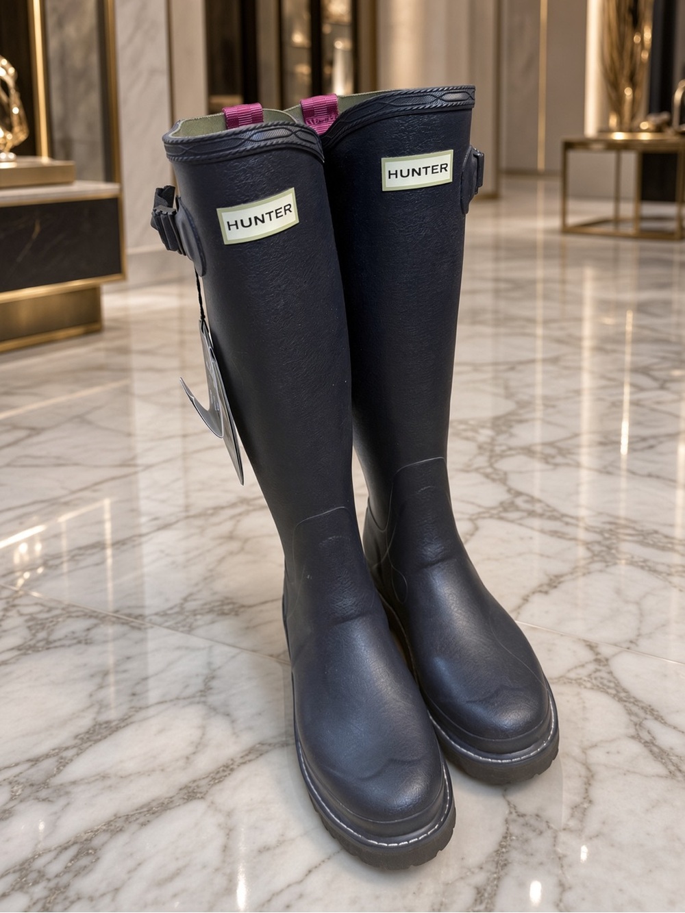 Hunter Navy blue Tall Rain Boots with Pink Pull Tabs